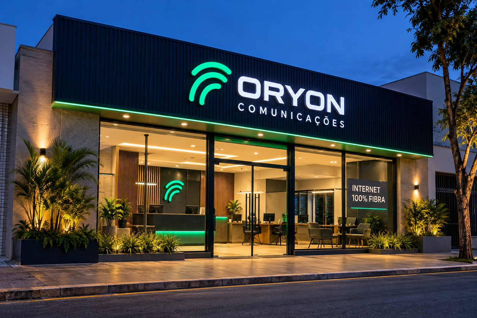 Fachada da Oryon Comunicações ao entardecer